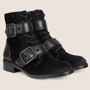Armani Black Leather Moto Combat Boot Blue Ankle AX Oversized Buckle Zipper 7 38